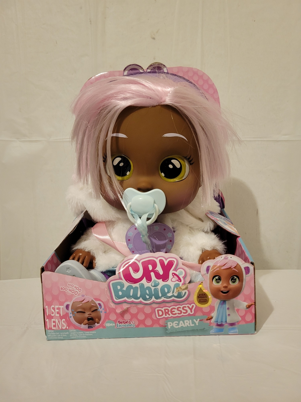 Pearl Cry Babies Doll with Pink Hair and White Outfit
